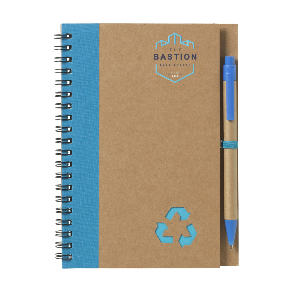 Cuaderno de espiral de material reciclado con bolígrafo de tinta azul - Fuente el Fresno