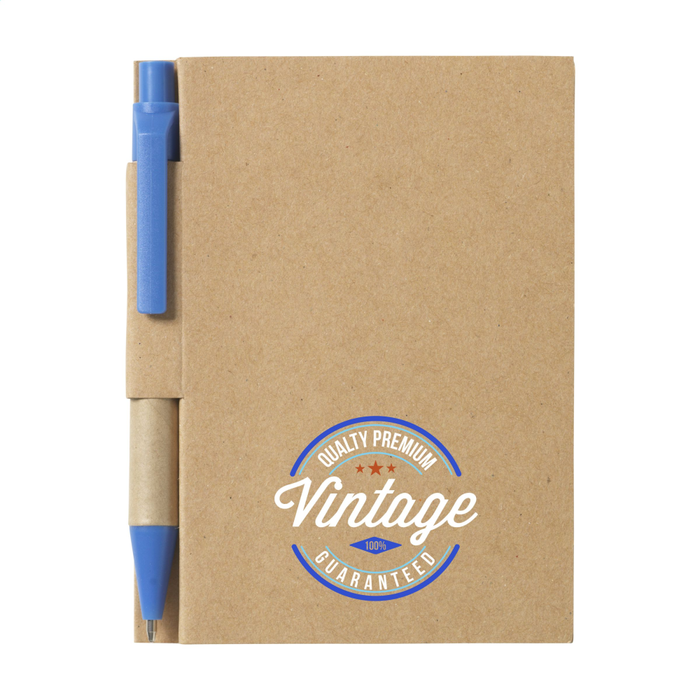 Mini cuaderno de material reciclado ecológico con bolígrafo de tinta azul - Camarenilla