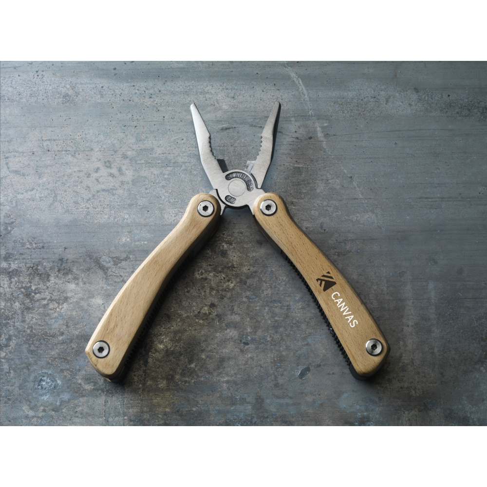 A compact multi-tool made of stainless steel with a handle made from beechwood - Bacton