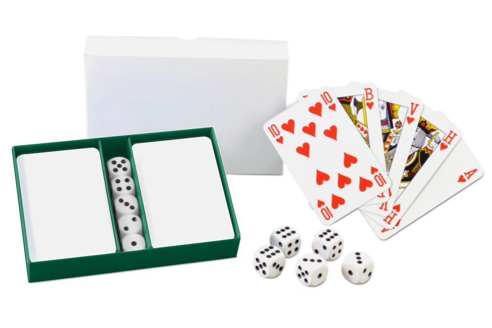 Ensemble 2 jeux de cartes à jouer et 5 dés dans une boîte personnalisable - JCA09