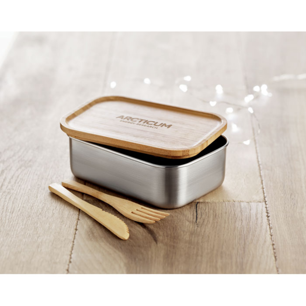 Stainless Steel Lunch Box with Bamboo Lid and Cutlery - Halesowen