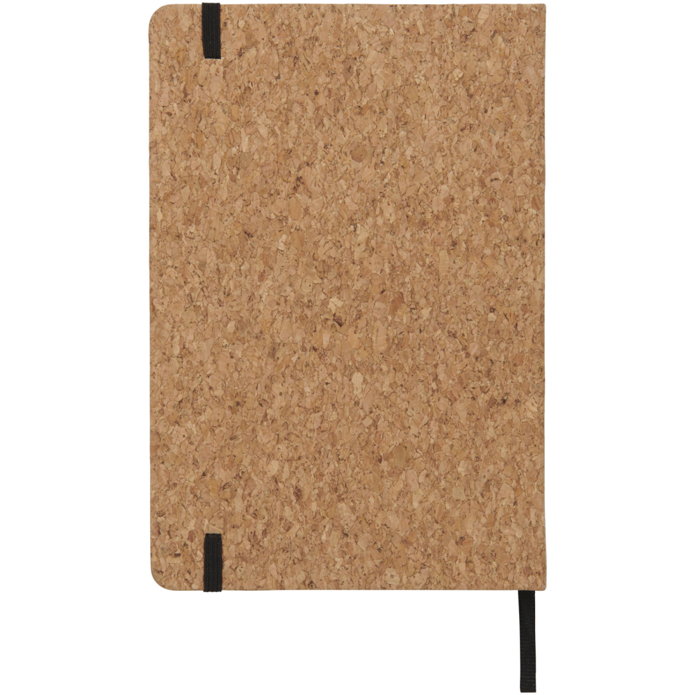 A notebook with an A5 cork cover, featuring a black elastic closure and ribbon bookmark. - Pontefract