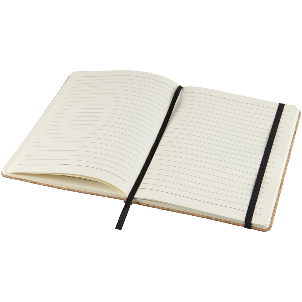A notebook with an A5 cork cover, featuring a black elastic closure and ribbon bookmark. - Pontefract