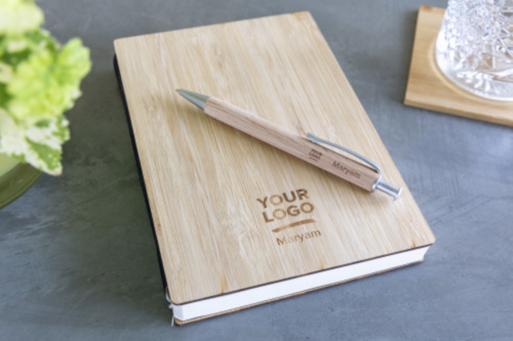 Quaderno con copertina in bambù con penna e notifica della data - Arosio