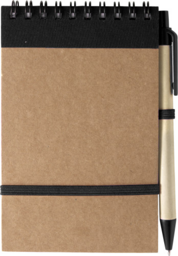 A notebook bound with recycled cardboard that comes with a retractable ball pen. - Eversley