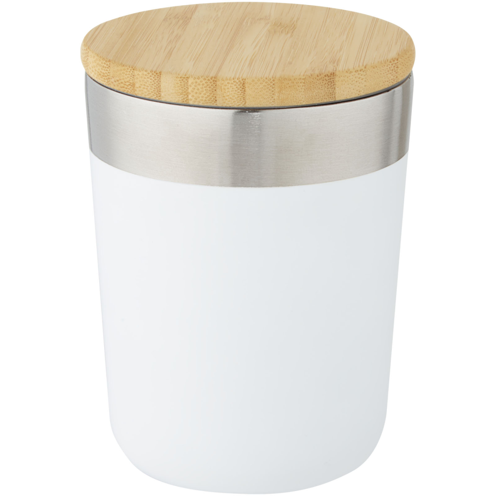 A tumbler that is double-walled and insulated with a vacuum of copper, capped with a bamboo lid - Upper Broughton
