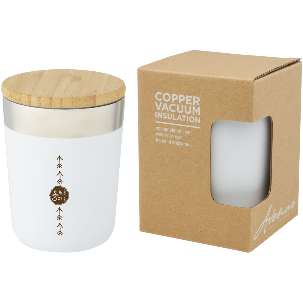 A tumbler that is double-walled and insulated with a vacuum of copper, capped with a bamboo lid - Upper Broughton