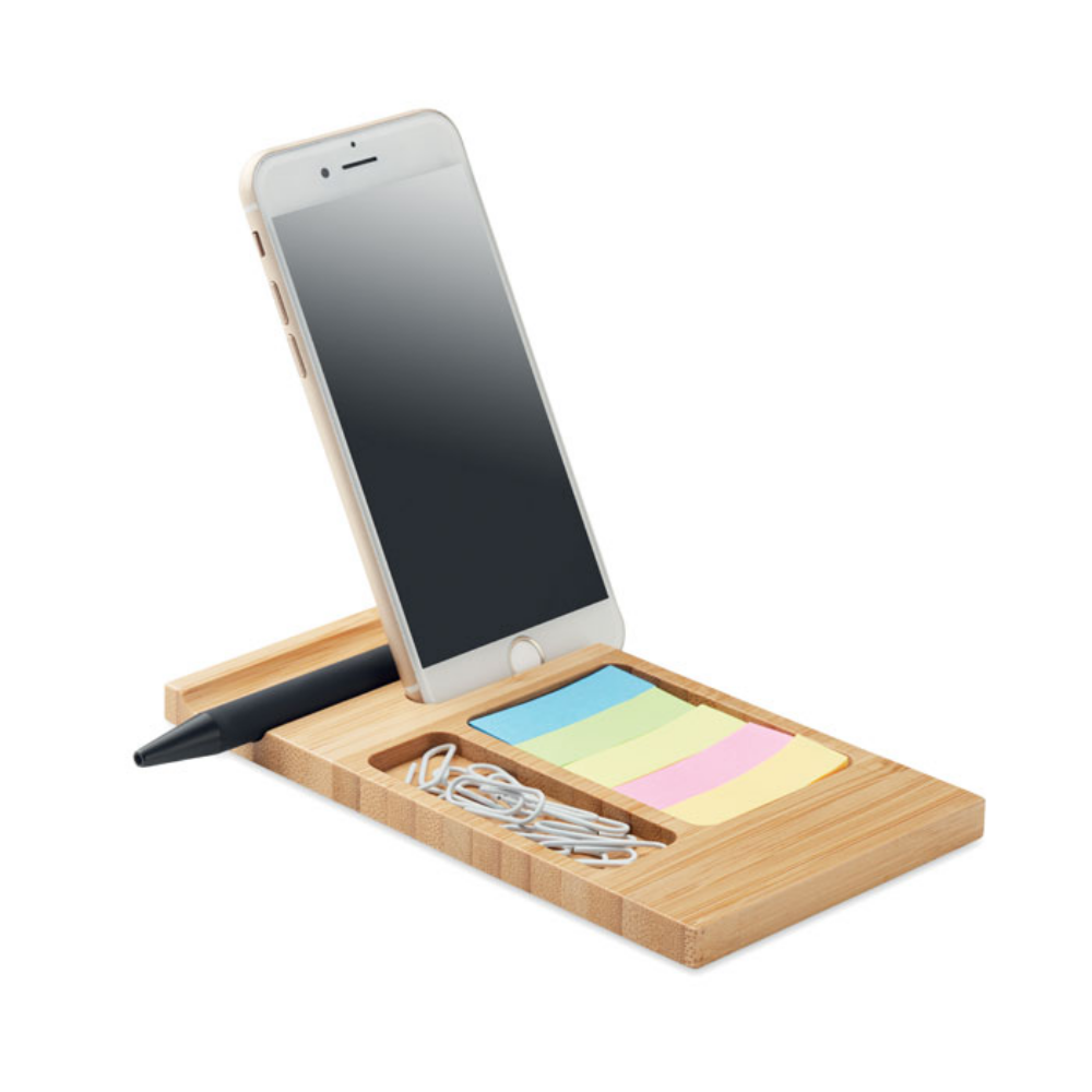 A bamboo desk phone stand that includes paper clips and sticky notes - Thornton-le-Beans - Caldicot