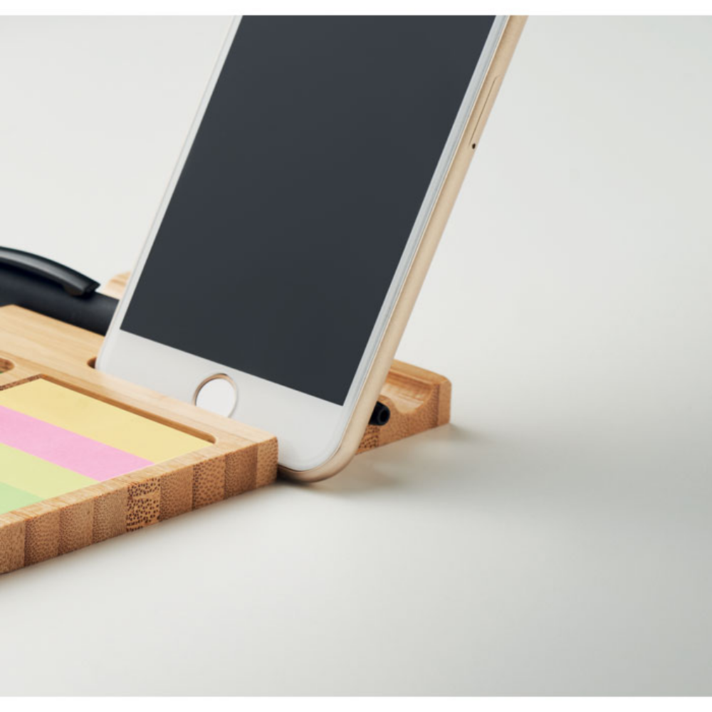 Supporto da scrivania in bambù per telefono con fermagli per carta e post-it - Predore