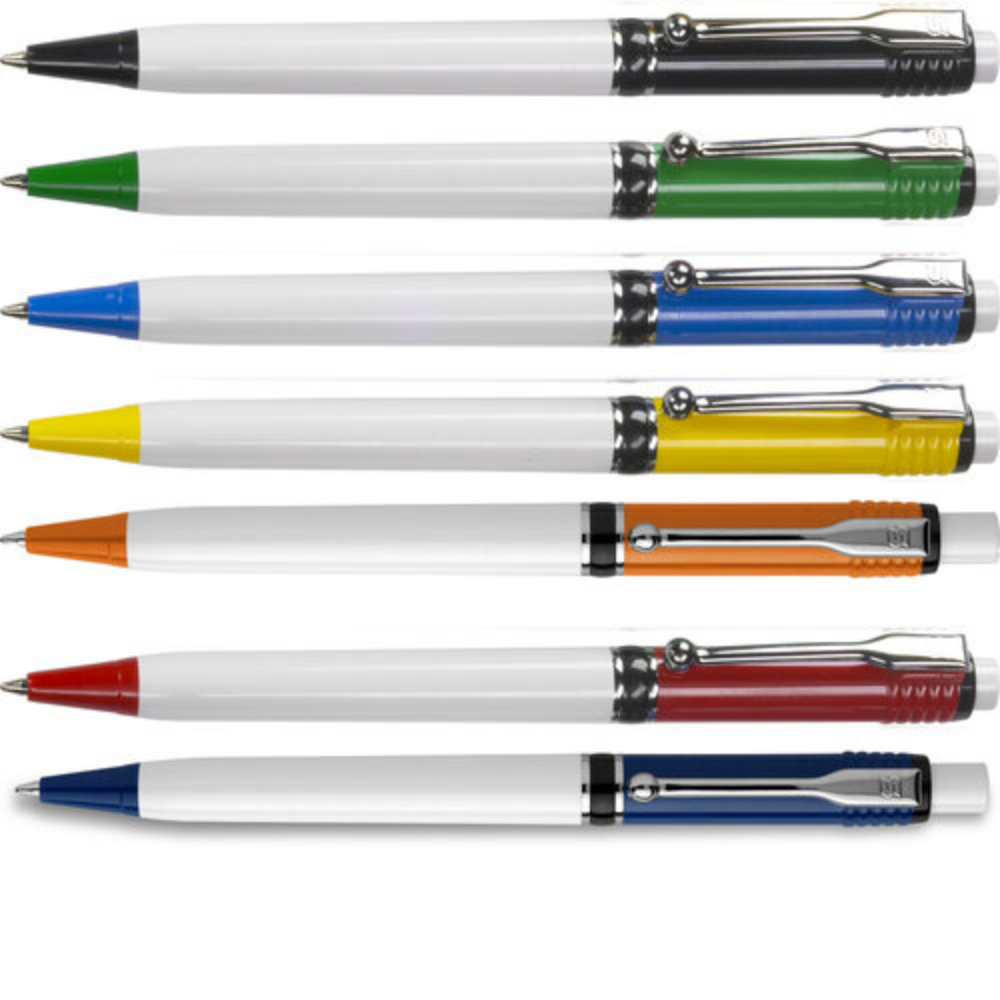Kunststoff-Kugelschreiber mit weißem Schaft und farbigen Akzenten - Bad Goisern