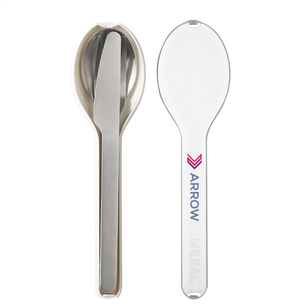 This is a cutlery set made of stainless steel by Mepal. The set comes in a compact plastic container for easy storage and transport. - Grendon