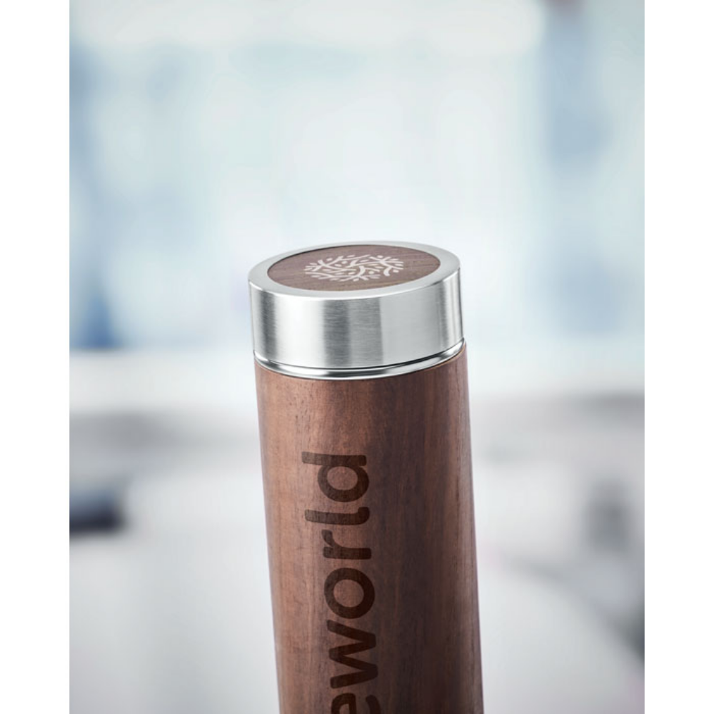 Double Wall Stainless Steel Vacuum Flask with Oak Wood Cover and Tea Infuser - Chedworth