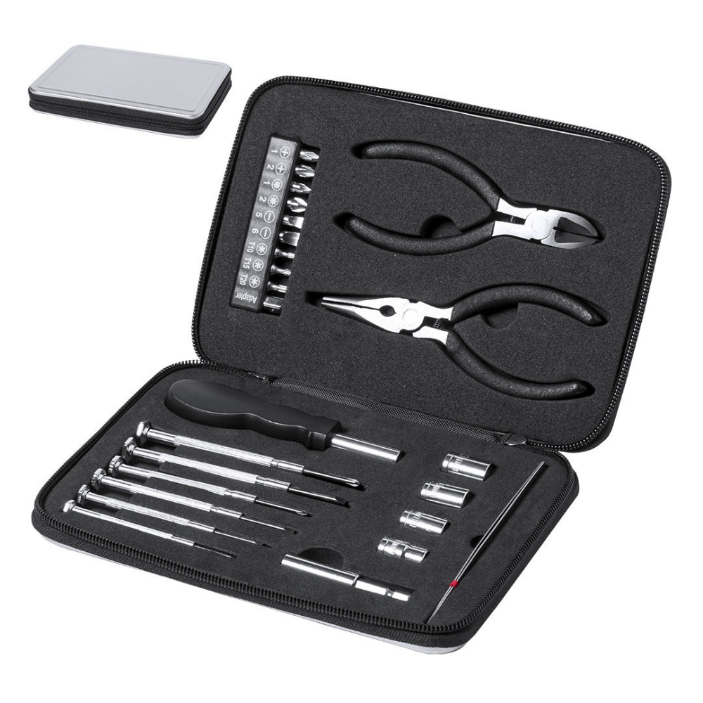 This is a set of 25 tools stored in an aluminum box with an EVA interior. The brand of the tools is Shapwick. - Four Marks