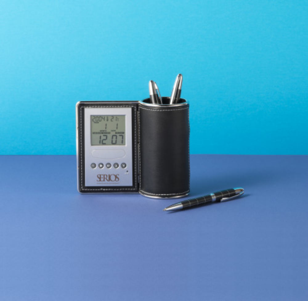 PU Stitched Pen Holder with Clock, Calendar, Alarm, and Thermometer - Ivinghoe