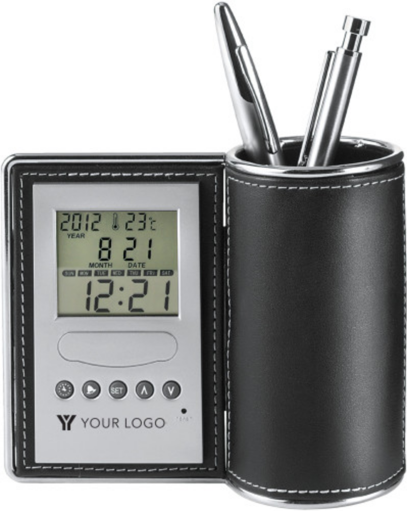 PU-genähter Stifthalter mit Uhr, Kalender, Alarm und Thermometer - Wassertrüdingen 