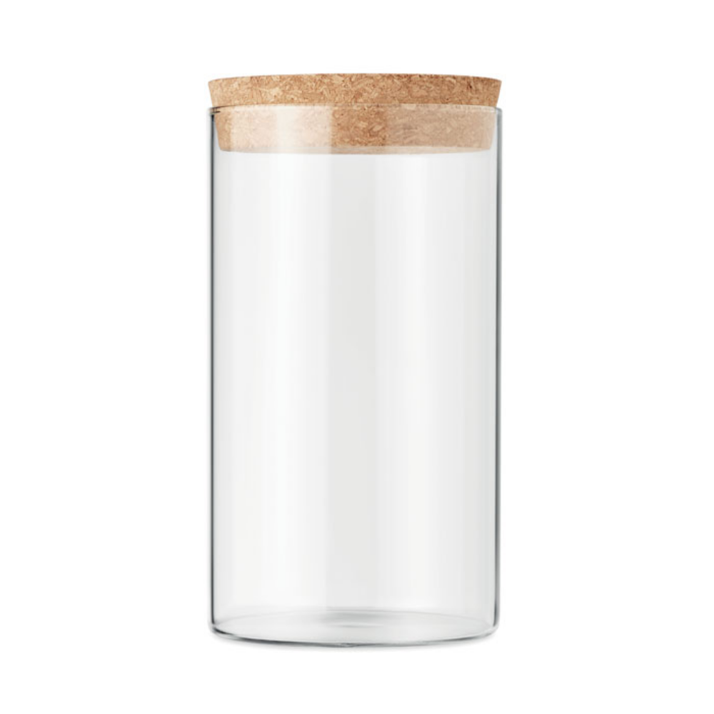 A storage jar made of borosilicate glass with a cork lid. It has a capacity of 600 ml. The product is from Walkhampton. - Falkland