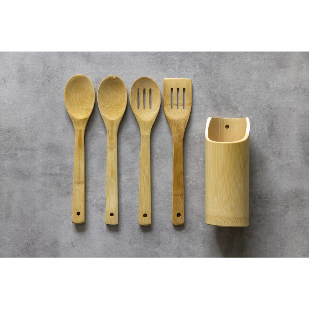 Set di 4 utensili da cucina in bambù con portautensili - Castiglione della Pescaia