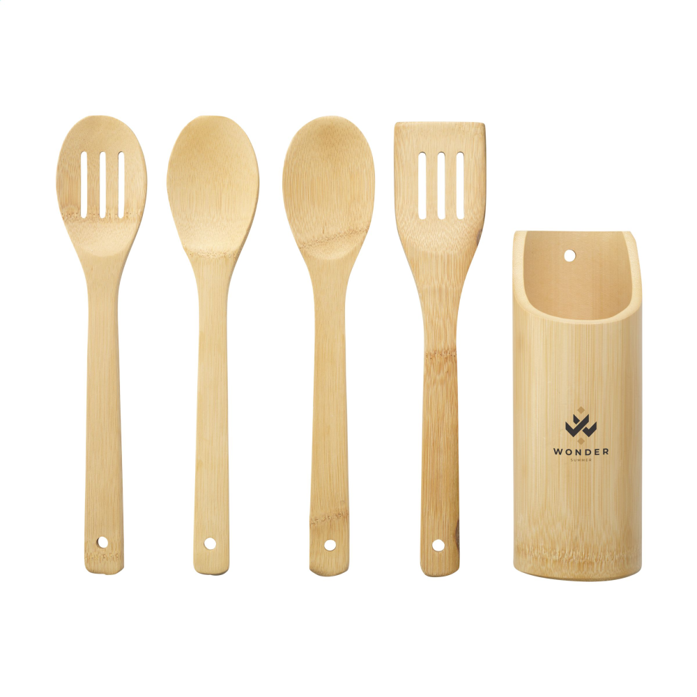 Set di 4 utensili da cucina in bambù con portautensili - Castiglione della Pescaia