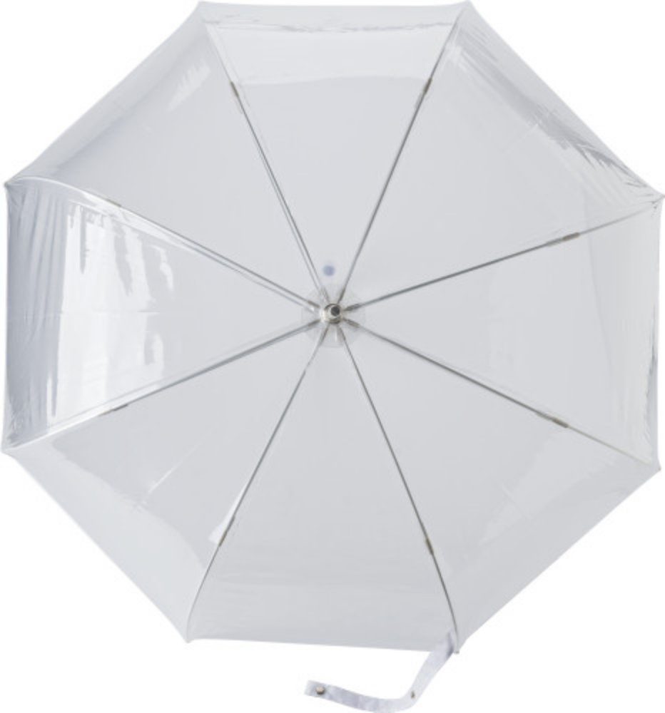 An umbrella made from PVC with eight panels. It features an aluminium and fiberglass frame and a plastic handle. It closes with the push of a button. It is from Shipton-under-Wychwood. - Earlswood
