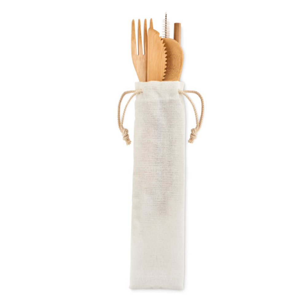 A set of reusable bamboo cutlery that comes in a canvas pouch. - Appledore