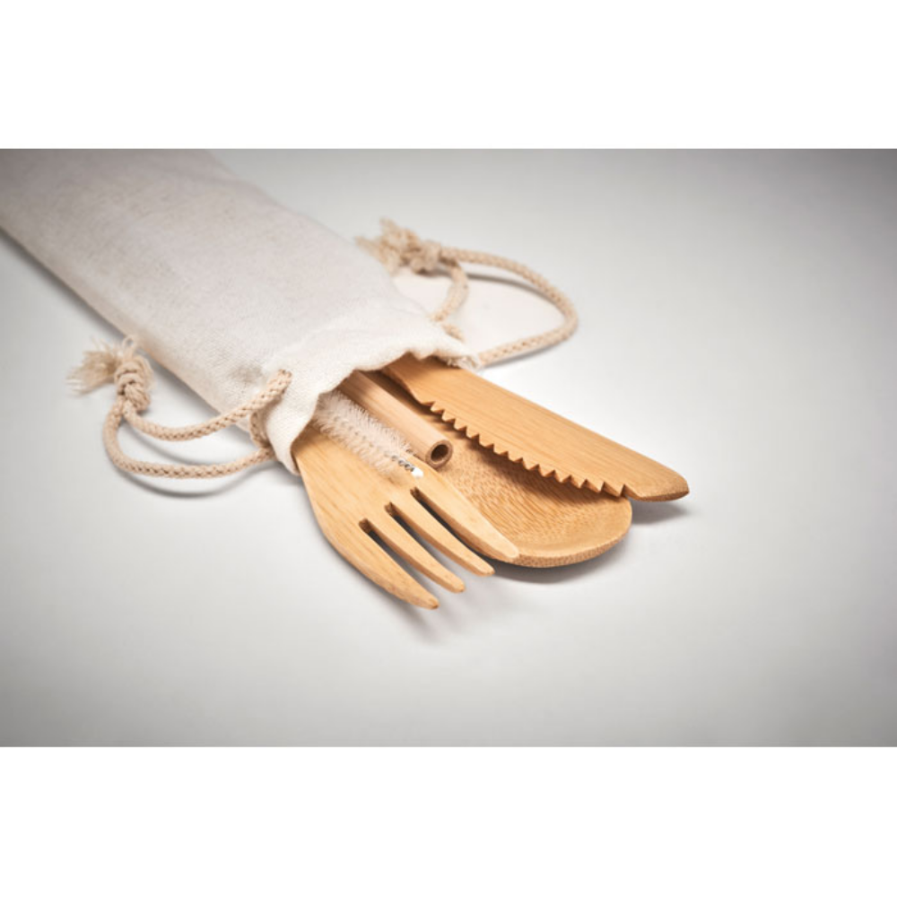 A set of reusable bamboo cutlery that comes in a canvas pouch. - Appledore