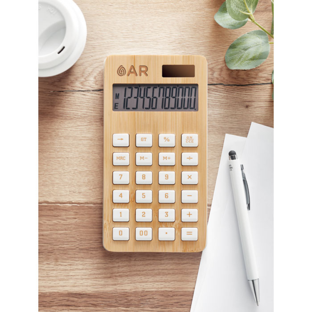 A calculator with dual power source and a bamboo case, featuring a 12-digit display - Exeter
