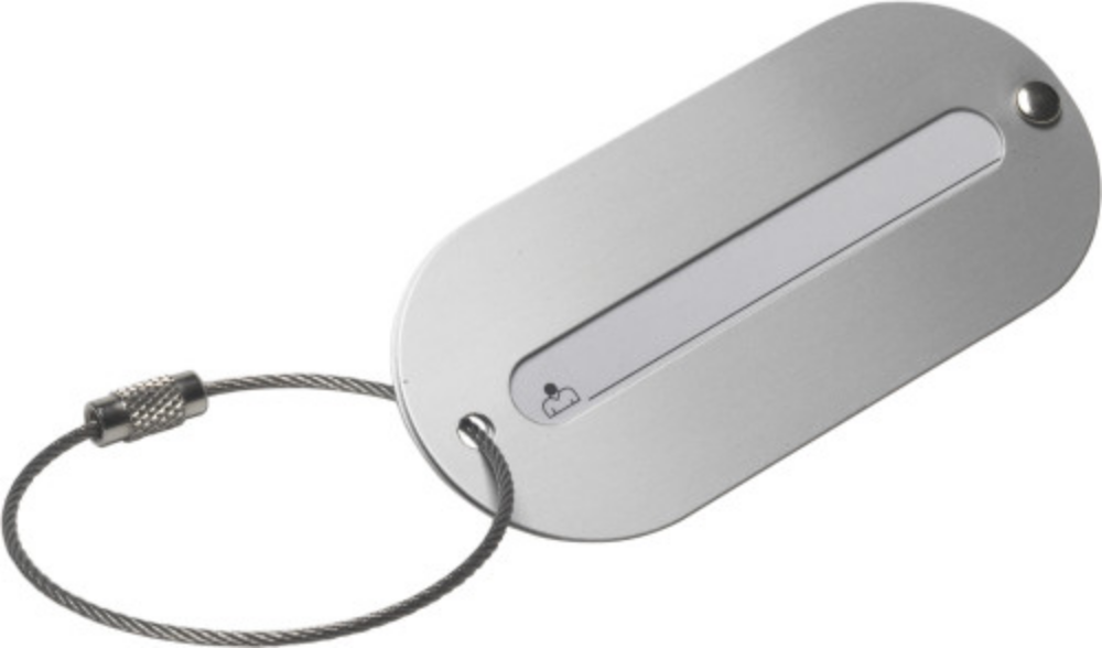 An aluminum luggage tag that comes with a metal cord fastening, from the Little Snoring brand. - Inglesham
