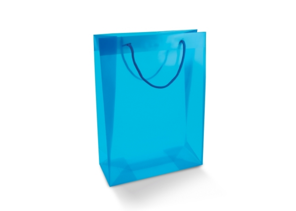 A medium-sized plastic carrier bag that is semi-transparent and comes with rope handles. - Irlam