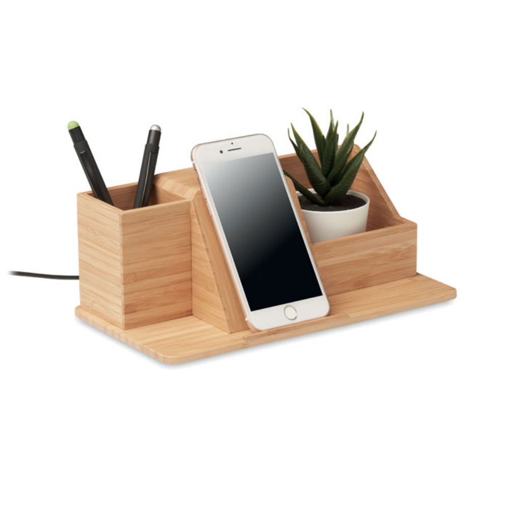 A bamboo desk organizer with a phone stand that supports wireless charging - Lower Slaughter - Southwood