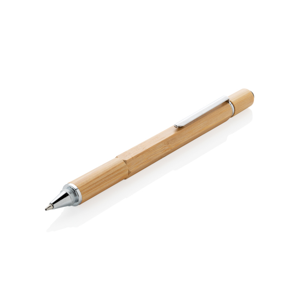 Penna multifunzione in bambù con righello, livella, cacciavite, punta per touch screen e penna a sfera - Offanengo