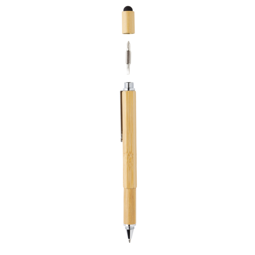 Multifunction Bamboo Pen with Ruler, Spirit Level, Screw Driver, Stylus Tip and Ballpoint - Esher