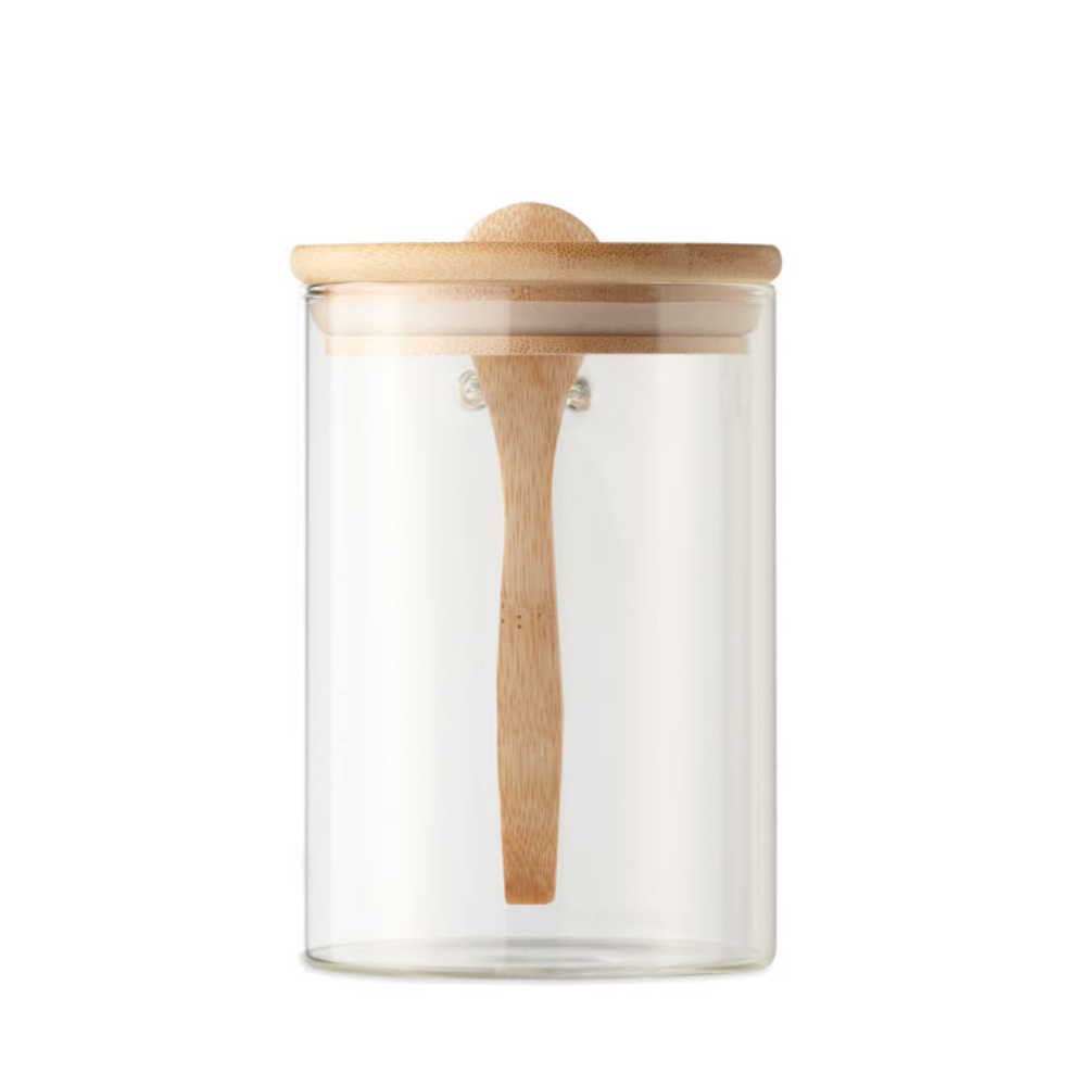 Vaso di conservazione in vetro borosilicato con coperchio in bambù e cucchiaio - 600 ml