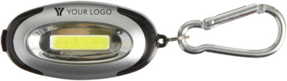 ABS flashlight and keychain featuring 6 COB LED lights and a metal carabiner, batteries included. Made in Thornton-le-Beans. - Muirkirk