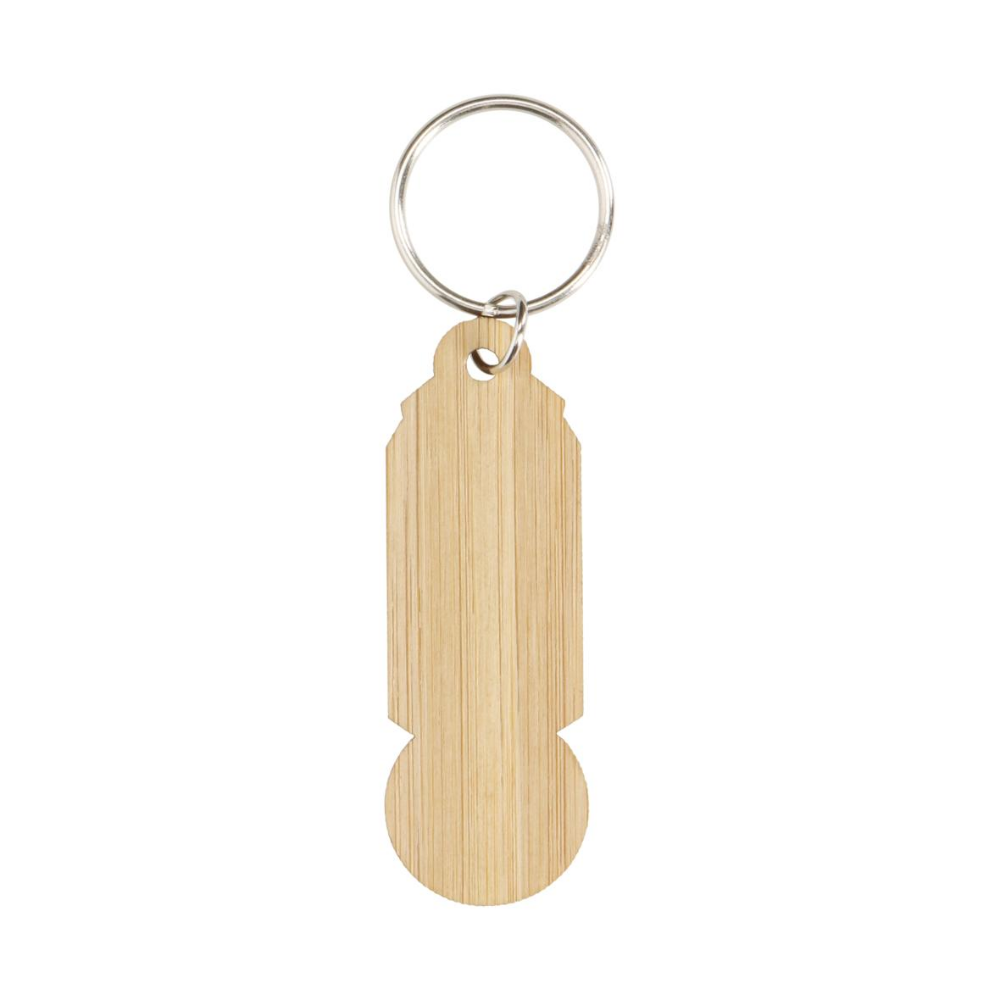 A shopping trolley token made of bamboo wood, attached to a metal keyring - Plumpton