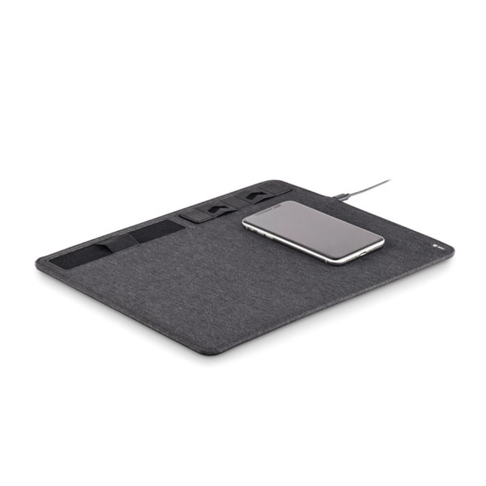 This is a multifunctional mouse mat made from 2-tone 300D polyester RPET. It features a wireless charger and a phone stand. - Lulworth Cove