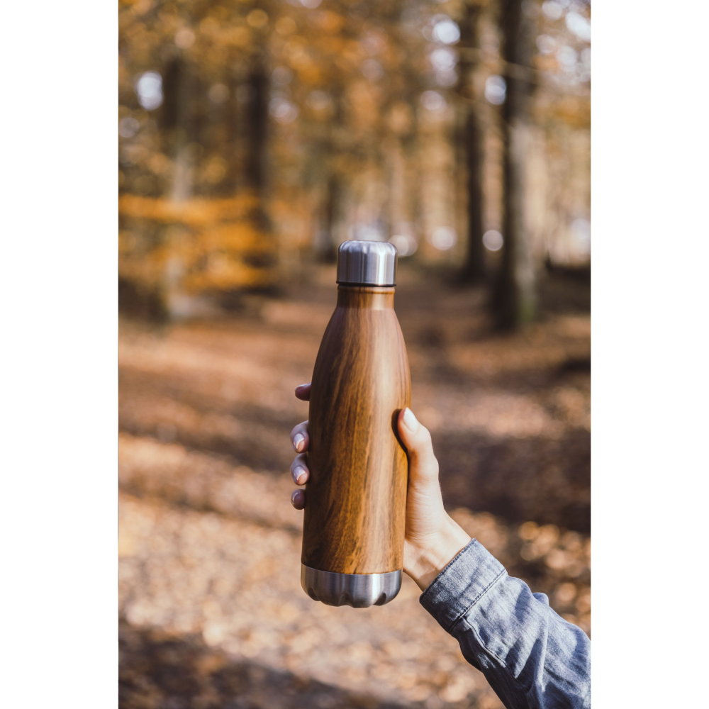 Edelstahl Vakuumisolierte Wasserflasche mit Holzmaserung Muster - Waldeck 
