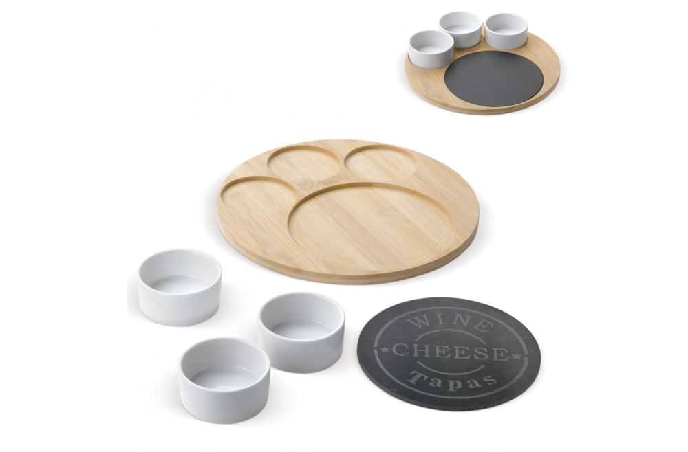 Set per servire Tapas in legno con tavola in ardesia e ciotole in ceramica - Asso