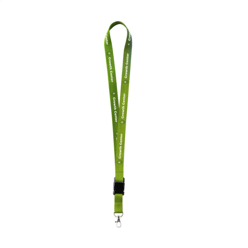 A lanyard made of woven polyester that is equipped with a metal carabiner and a plastic buckle - Gatwick