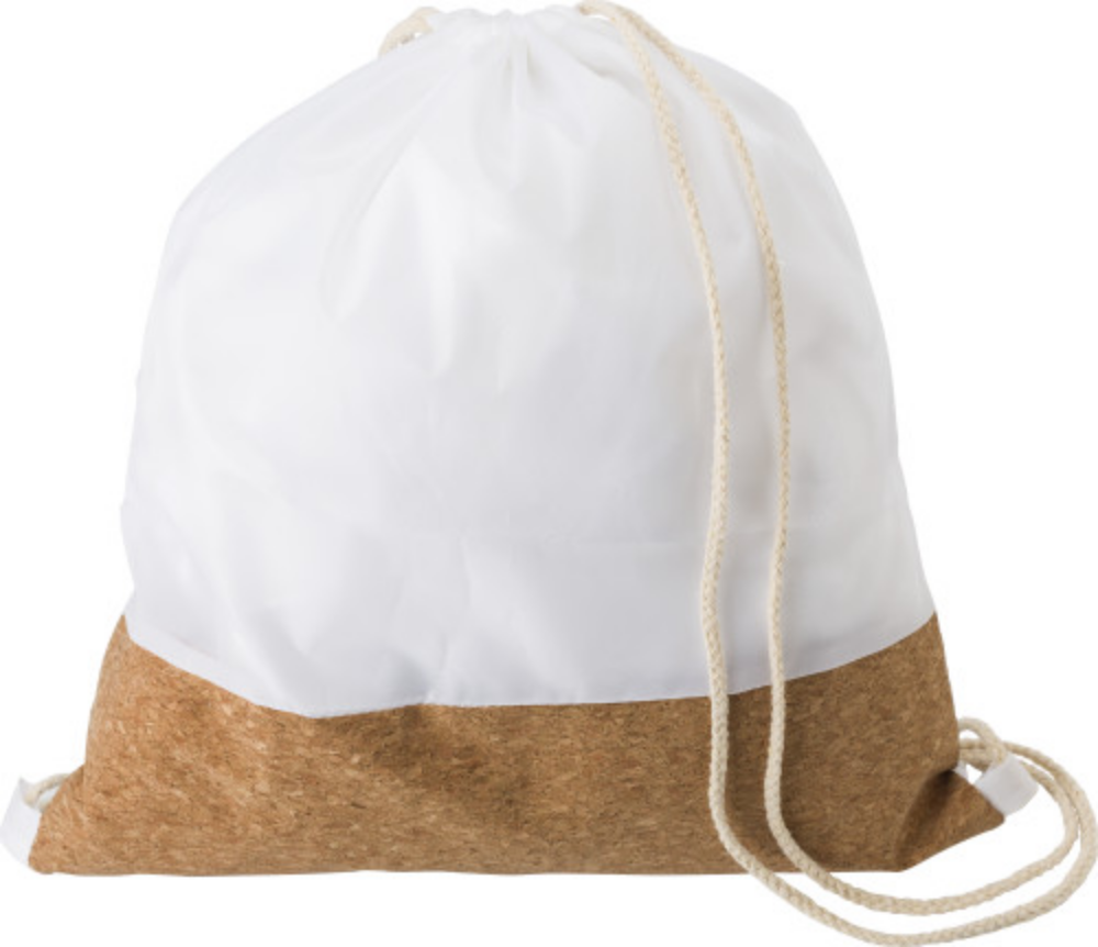 A drawstring backpack made from recycled PET (RPET) and cork materials, features cotton drawstrings. - Gateacre