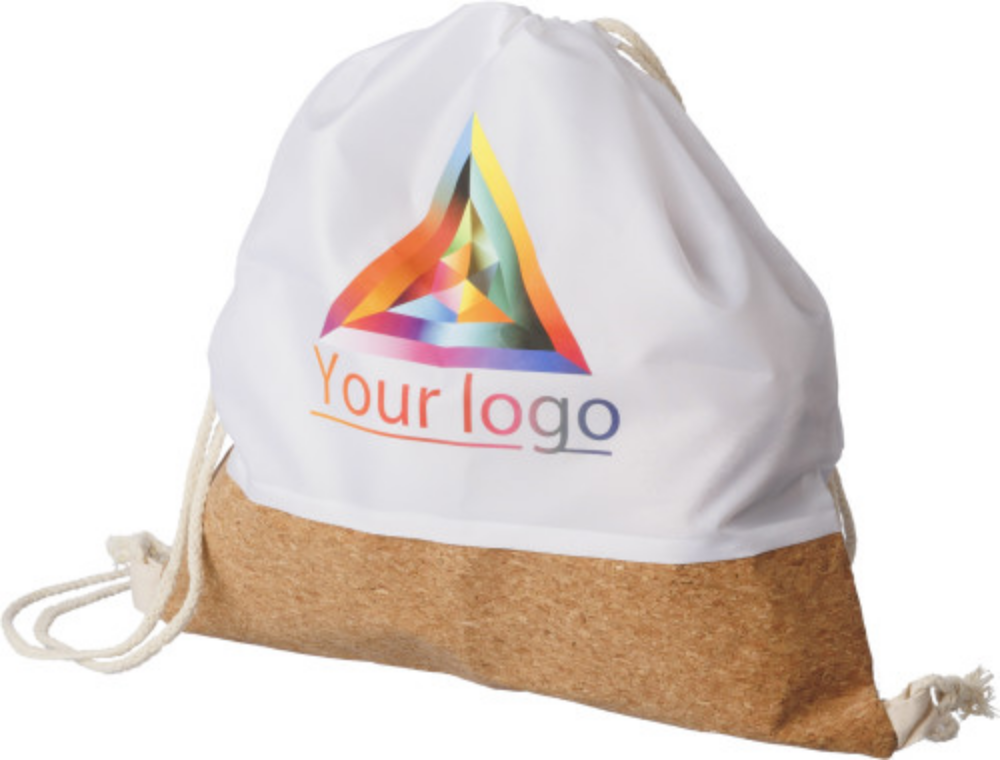 A drawstring backpack made from recycled PET (RPET) and cork materials, features cotton drawstrings. - Gateacre