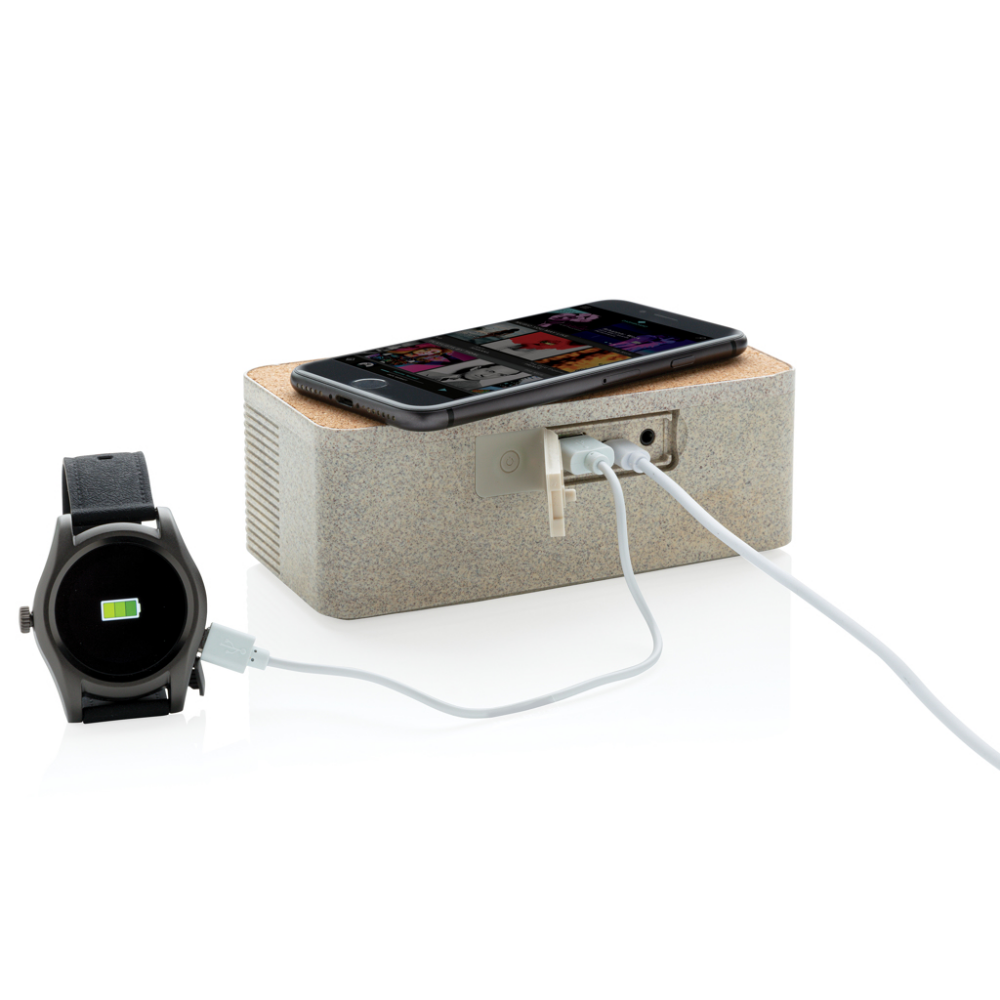 A stylish wireless charging speaker, constructed from wheat straw and cork - Piddletrenthide - Marldon