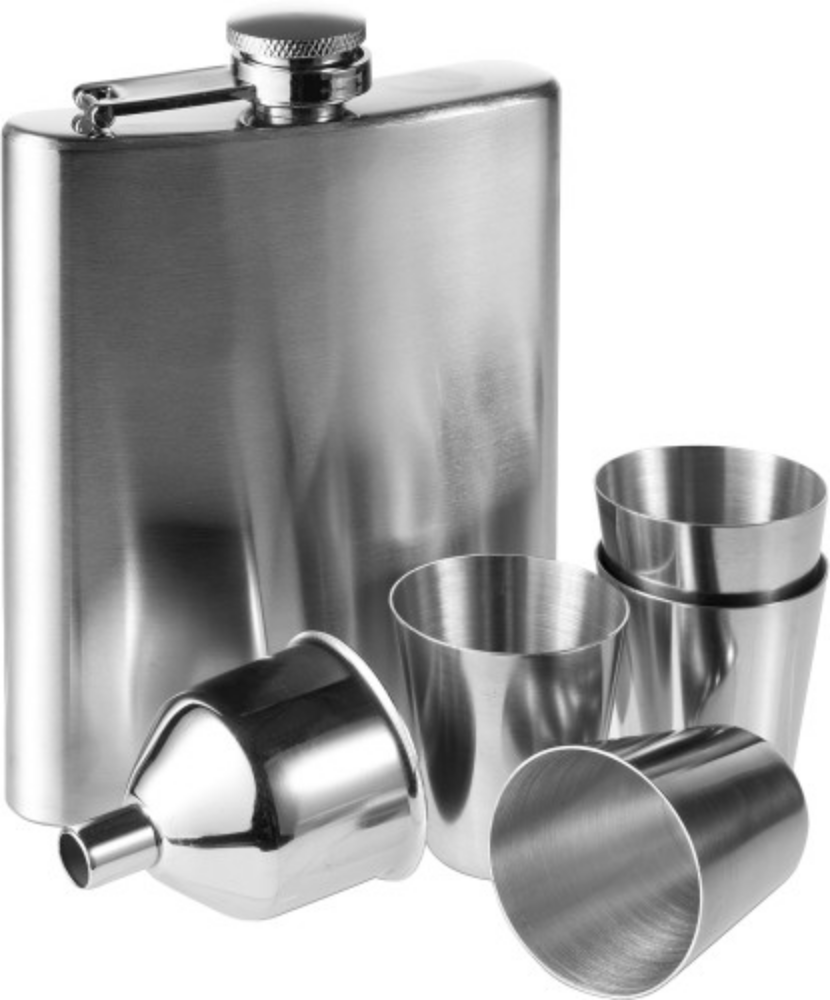 A stainless steel drinking set that comes with a hip flask - Puddington - Babington