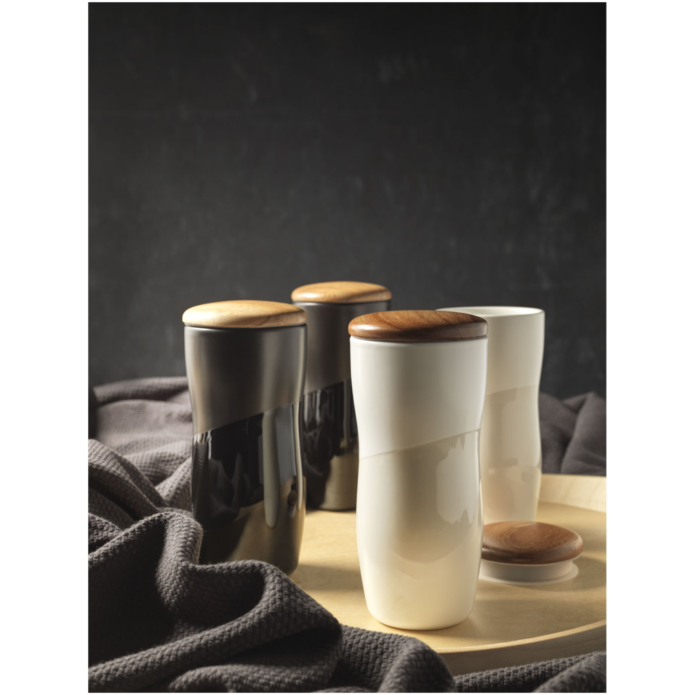 A ceramic tumbler with a double-wall design and a wooden lid - Ashford