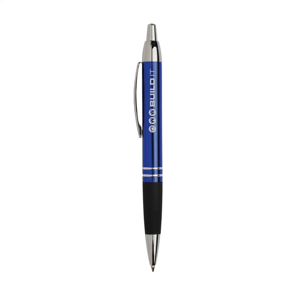 A metallic blue ink ballpoint pen with a rubber grip - Wrexham