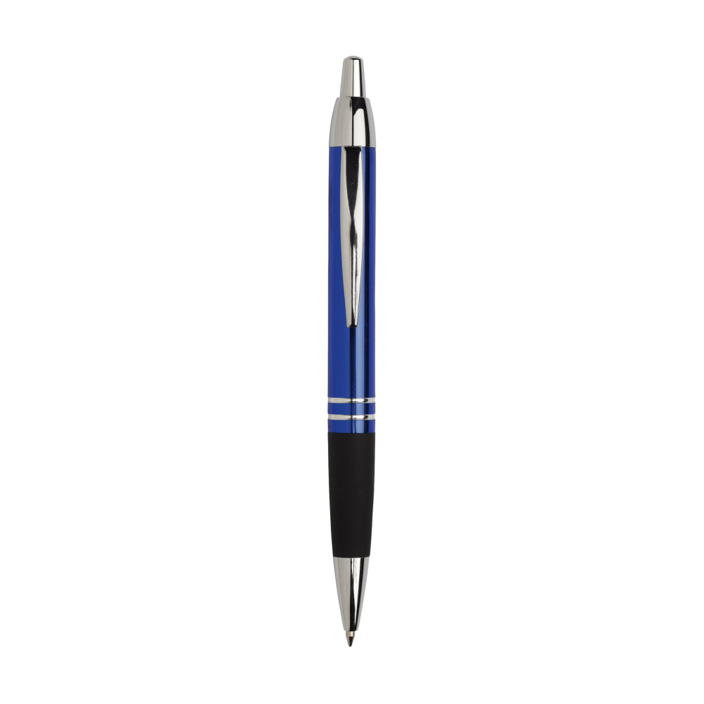 A metallic blue ink ballpoint pen with a rubber grip - Wrexham