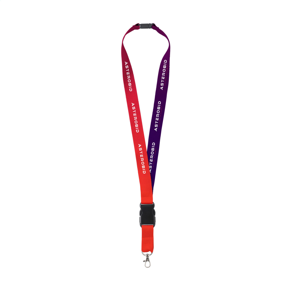 A lanyard made of RPET polyester with a metal carabiner and a plastic safety lock - Quarndon