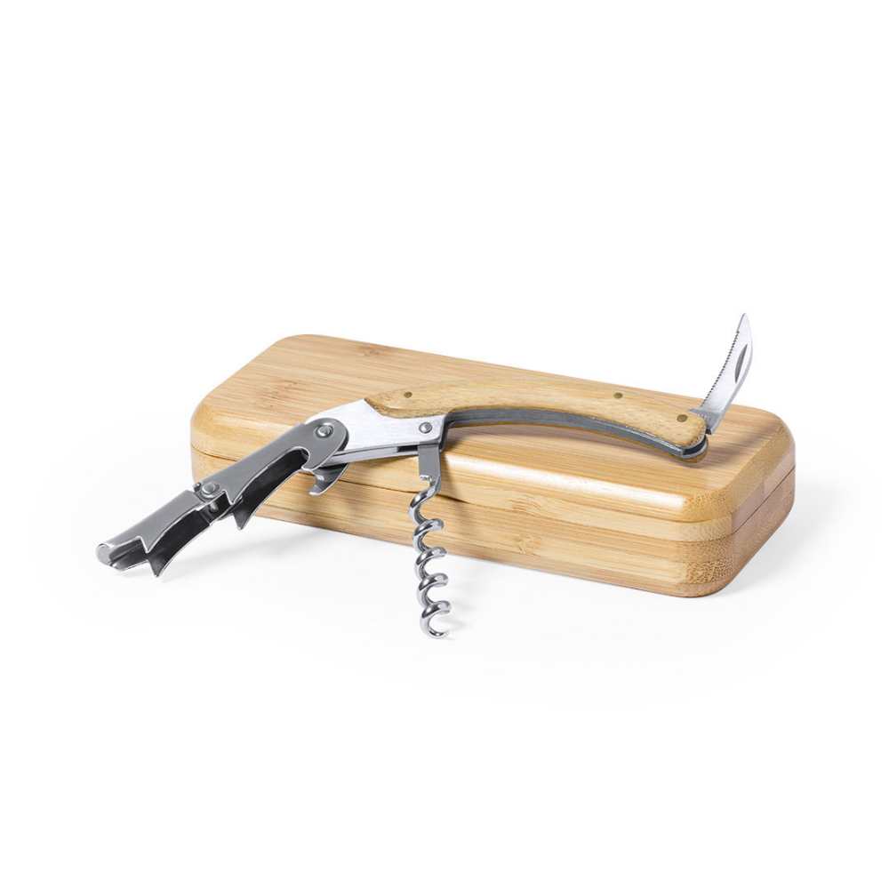 Bamboo and Metal Corkscrew with Bottle Opener and Capsule Cutter - Crewe
