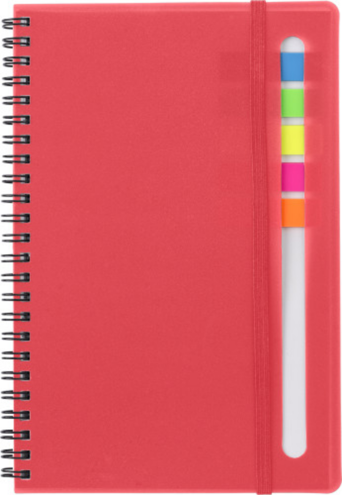 A notebook with a binding of wire that includes multicolored sticky notes - Aston Cantlow