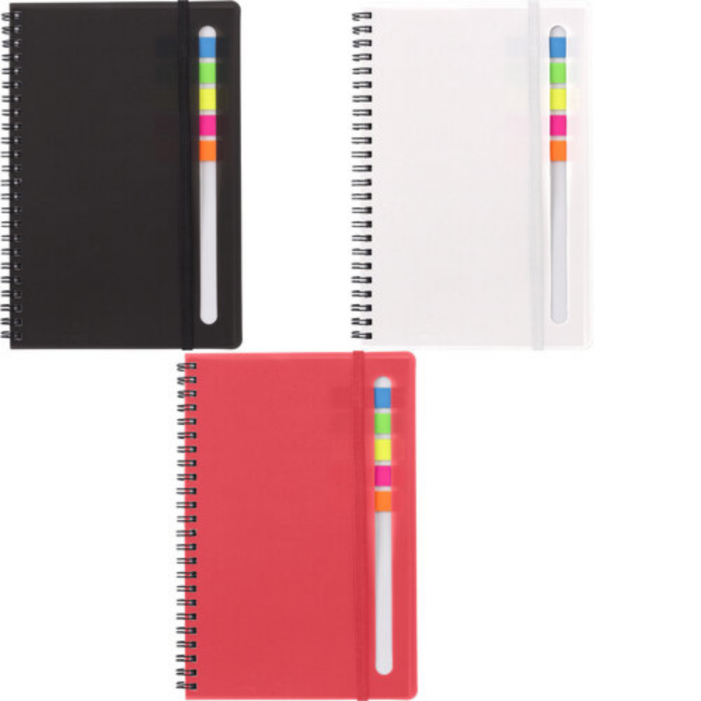 A notebook with a binding of wire that includes multicolored sticky notes - Aston Cantlow
