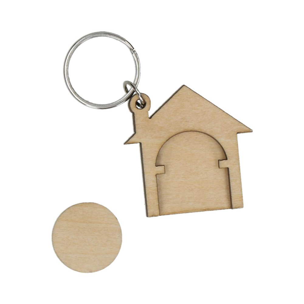 Keyring in the shape of a house made of plywood chips, with a coin for a shopping trolley - Elham